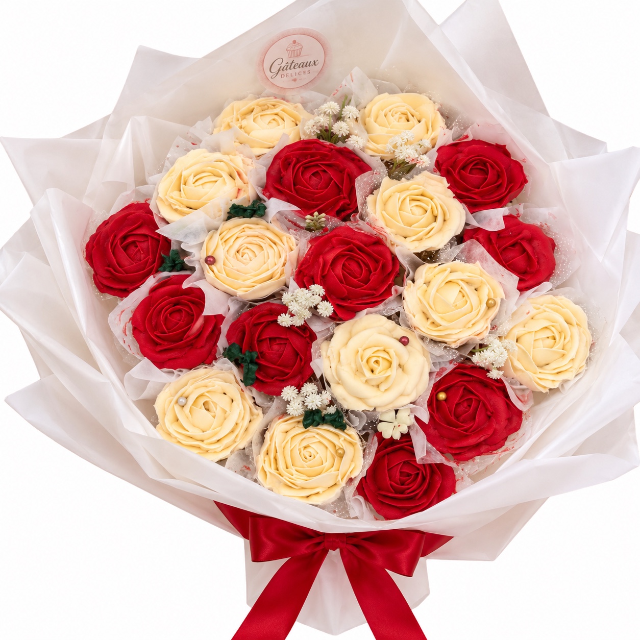 Bouquet de fiançailles en cupcakes fleuris rouges et blancs